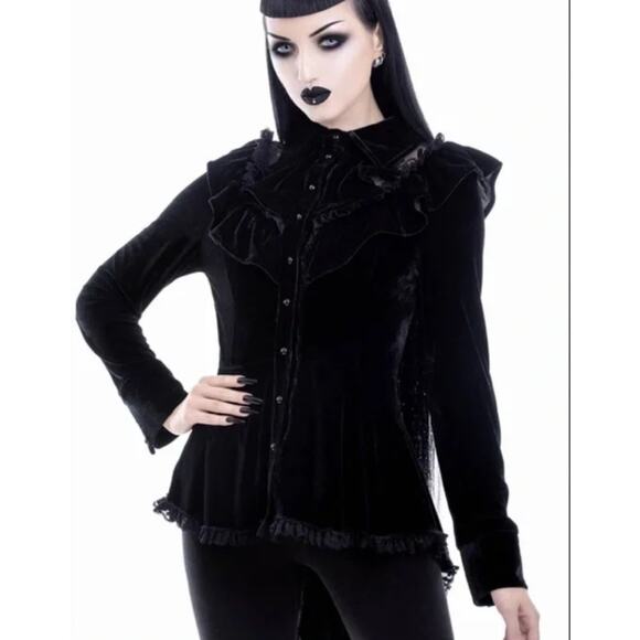 Killstar Tops - Killstar Weirdos Women's Black Collared Ruffe Long Sleeve Hi Low Shirt XS